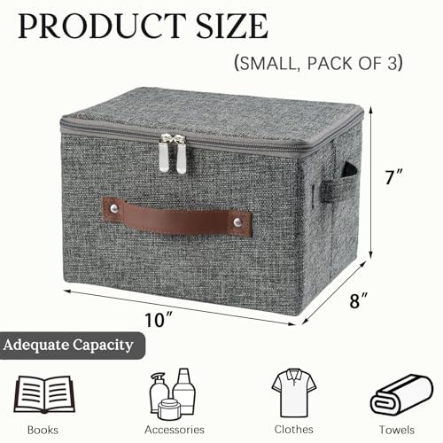 3 Pack Storage Bins with Zipper Lid Fabric Lidded Storage Boxes Baskets Cubes Washable Collapsible PU Leather Handle Cotton Linen Fabric Shelf Closet Organizer Container(Gray, Small Size) - color: Gray, size: Small ( Set of 3)