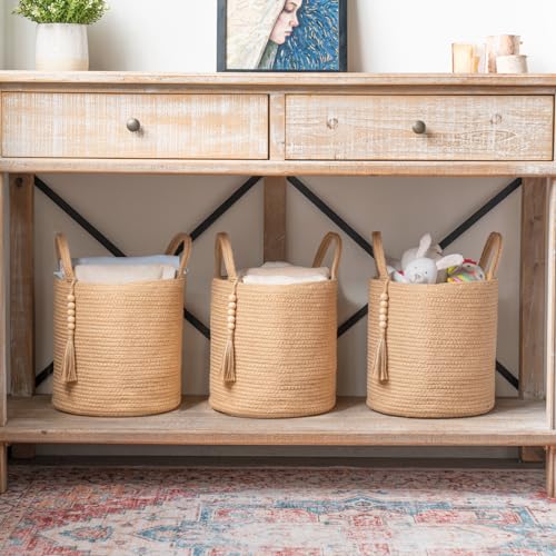 Mkono Woven Storage Basket Decorative Natural Rope Basket Wooden Bead Decoration for Blankets,Toys,Clothes,Shoes,Plant Organizer Bin with Handles Living Room Home Decor (Brown, 28 x 28cm) - color: Brown, size: 11"W x 11"L