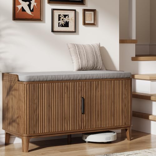 39.4" Fluted Shoe Cabinet Storage with Bench, 2-Tier Entryway Bench with Adjustable Shelves and Detachable Cushioned Seat, Shoe Organizer Bench Cabinet for Entryway, Living Room, Hallway Walnut - color: Walnut