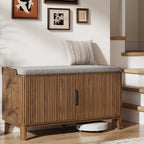 39.4" Fluted Shoe Cabinet Storage with Bench, 2-Tier Entryway Bench with Adjustable Shelves and Detachable Cushioned Seat, Shoe Organizer Bench Cabinet for Entryway, Living Room, Hallway Walnut - color: Walnut