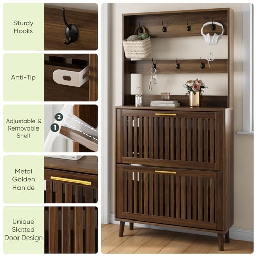 Smart FENDEE Shoe Cabinet for Entryway with 2 Flip Drawers & Coat Rack, Narrow Hidden Shoe Storage Cabinet with Slatted Panel, 2-in-1 Hall Tree Freestanding Shoe Rack Organizer for Hallway, Walnut - color: Walnut, size: Double Layer With Rack