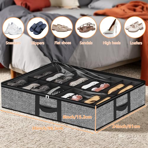 homyfort Under Bed Shoe Storage Organizer Fits 16 Pairs Shoes and 4 Pairs Boots, Underbed Shoe Storage Boxes Bins, Organizador De Zapatos, Extra Large Zapateras Organizer for closet, Black, Set of 2 - color: Black, style: 16 Pairs Shoes + 4 Pairs Boots