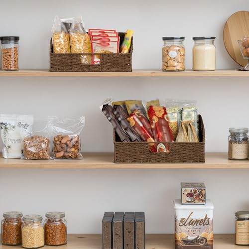StorageWorks Pantry Baskets for Organizing, Paper Rope Storage Baskets for Shelves with Built-in Handles, Pantry Organizers and Storage, Brown, Set of 2 (Large and Medium) - color: Dark Brown(Paper Rope), size: 15¾"L x 11"W x 7½"H + 14¼"L x 9¾"W x 6¾"H