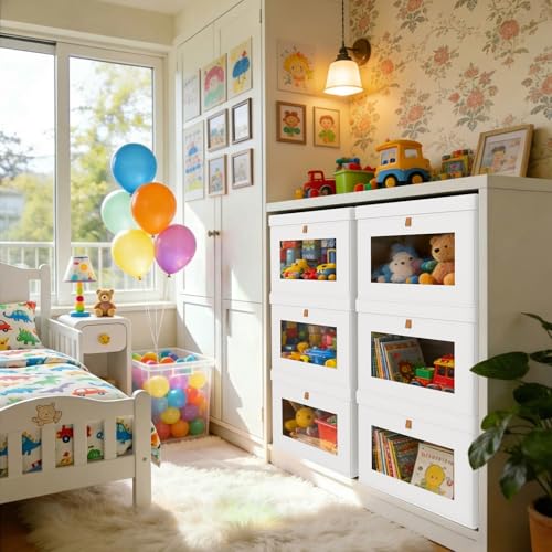 DIMJ Storage Bins with Lids - 4 Pack Large Fabric Closet Organizer with Window & Handles, Collapsible Decorative Storage Boxes for Shelves Under Bed, Books Clothes Blankets Sweaters Organization - color: White, size: Large-4 Pack