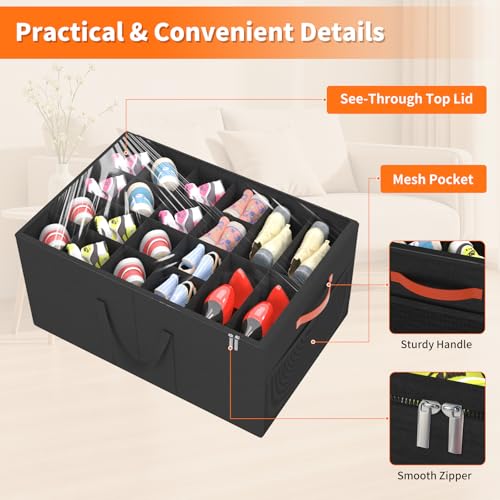 Aokeyee 2 Pack Shoe Organizer for Closet, Large Shoe Storage Box Fits up to 48 Pairs, Space Saving Foldable Shoes Organizer Bin w/Clear Cover and 4 Reinforced Handles, Black - color: Black, size: Fits up to 48 Pairs