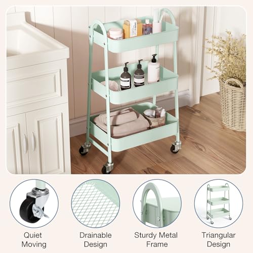 OLIXIS Metal 3 Tiers Utility Rolling Cart with Lockable Caster Wheels, Mobile Storage Shelf, Organization for Livingroom, Bathroom & Narrow Places, Pale Green - color: 3-tiered Pale Green, size: 3-Tiered 17 inches