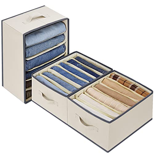 3 Pcs Large Size Wardrobe Clothes Organizers 6 Grids for Pants, Jeans, Sweater, T-shirt, Thin Coat, Dress Stackable Closet Drawer Organizer Storage Bin Container with Sturdy Handles, Beige - color: Beige, size: 3 Pack