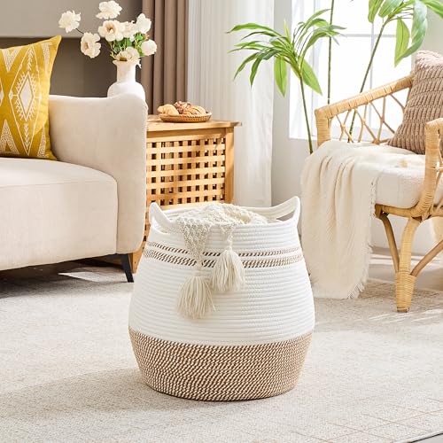 KAKAMAY Large Cotton Rope Woven Basket for Storage (17"x17"), Collapsible Laundry Hamper for Baby, Blanket Basket for Organizing Living Room, Nursery, Clothes, Toy Chest, Brown Stripes - color: Brown Stripe