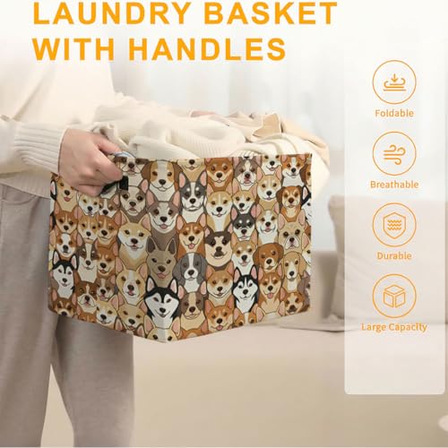 56L Dogs Print Laundry Basket Clothes Hamper with Handles,Foldable Blanket Storage Large Laundry Hamper with Waterproof PE,Toy Storage Bin Organizer,Cube Clothes Organizer,Home Decor - color: Dogs
