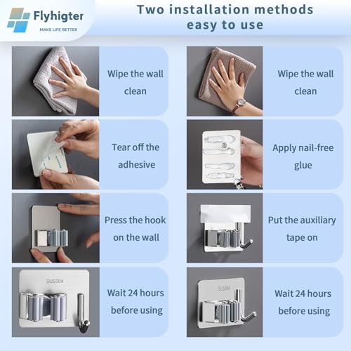 5 Pack Heavy Duty Mop and Broom Holder Wall Mount, No Drill Self Adhesive Stainless Steel Hanger with Hooks, Anti-Slip Tool Organizer for Bathroom, Kitchen, Garage, Laundry Room (5, Silver) - color: Silver-5