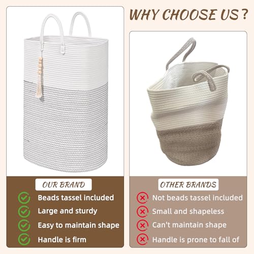 Woven Laundry Basket for Clothes, 50 L Large Rectangle Laundry Hampers with Beads Tassel, Nursery Storage Basket for Toys, Tall Dirty Clothes Hamper for Bedroom Aesthetic, Laundry Room Organization - color: White, size: 50L