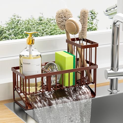 Cisily Kitchen Sink Caddy, Sponge Holder for Kitchen Sink, Kitchen Sink Organzier and Storage with High Brush Holder, Rustproof 304 Stainless Gadgets Sink Accessories(Brown) - color: Brown, size: 9.25″