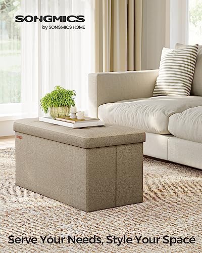 SONGMICS Mazie Collection - 30 Inches Folding Storage Ottoman Bench, Ottoman Foot Rest, End of Bed Bench, Storage Chest, Load 660 lb, for Living Room, Bedroom, Entryway, Camel Brown ULSF047R01 - color: Camel Brown, size: 15"D x 30"W x 15"H