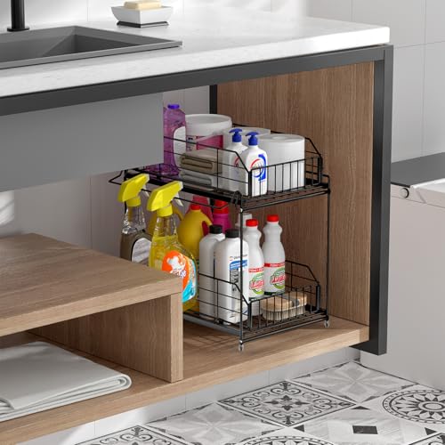 SUEH DESIGN Under Sink Organizer, 2 Tier Bathroom Cabinet Organizer Metal Kitchen Sink Organzier with Hanging Rail for Kitchen Bathroom Organization and Storage, 1 Pack - size: 10.3"W x 15.6"H Wider 1 Pack