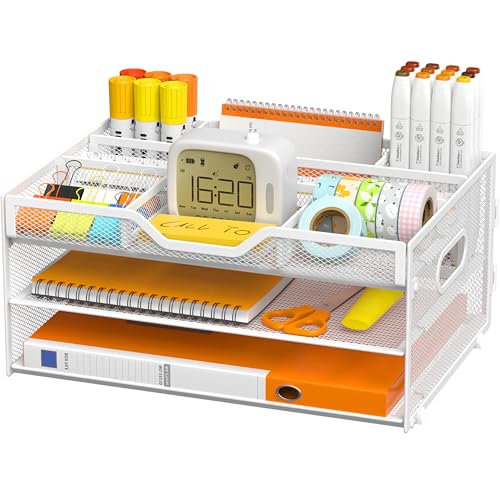 3-Tier Letter Paper Tray Desk Organizer, White Desktop File Rack Holder with 3 Drop in Pencil Holder and Sliding Tray for Office Classroom and Home Supplies Organization Storage - color: White-3