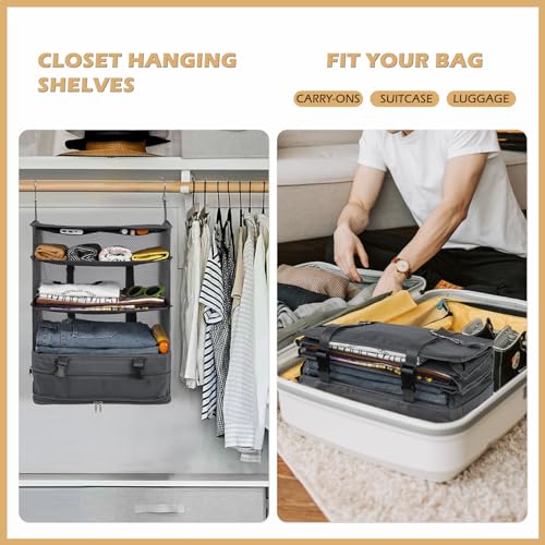 Surblue Hanging Closet Storage Bag Collapsible 3-Shelf Washable Oxford Fabric with 2 Hooks (XL 17.71 * 11.81 * 20in, Grey) - color: Grey, size: XL 17.71*11.81*20in