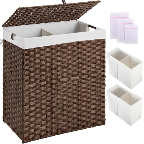 Greenstell Laundry Hamper with lid, No Install Needed, 110L Wicker Laundry Baskets Foldable 2 Removable Liner Bags, 2 Section Clothes Hamper Handwoven Rattan Laundry Basket with Handles, Brown - color: Brown, size: 110L (22.2x13.3x24.0 Inches)