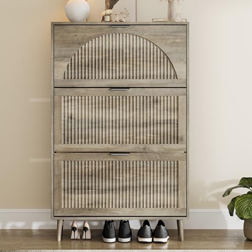 Shoe Storage Cabinet with 3 Flip Drawers, Narrow Wood Shoe Organizer Cabinet with Fluted Panel, Slim Shoe Rack for Entryway, Freestanding Shoe Cabinet for Living Room, Hallway, Grey - color: Grey, size: 3-Drawers