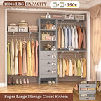 iSunirm 8FT Closet System, 96'' Closet Organizer System with 3 Hanging Rods, Wall Mount Bedroom Wardrobe with 3 Drawers Walk-in Closet, Adjustable Cloth Garment Rack from 5 to 8FT (Cut to Fit), Grey - color: Grey