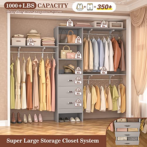 iSunirm 8FT Closet System, 96'' Closet Organizer System with 3 Hanging Rods, Wall Mount Bedroom Wardrobe with 3 Drawers Walk-in Closet, Adjustable Cloth Garment Rack from 5 to 8FT (Cut to Fit), Grey - color: Grey
