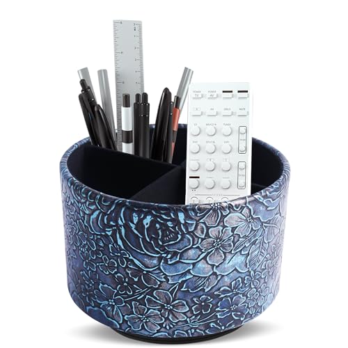 Round Leather Art Supply Organizer,Remote Control Holder,360 Degree Spinning,Multi-Functional Pencil Holder,4 Compartments Desktop Stationary Organizer(1-Rich Flower Blue) - color: 1-Rich Flower Blue1