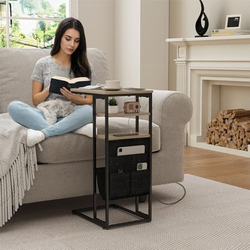 C Shaped End Table with Charging Station, 28"(H) 3-Tier C Table with Storage Bag, Under Couch Table C-Shaped End Table with Storage Shelves and Bag for Living Room, Bedroom, or Office - color: Oak, size: Wood--with Socket