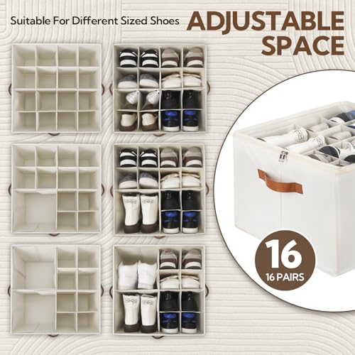 VZZNN 2 Pack Shoe Organizer for Closet, Foldable Shoe Storage Bins with Clear Cover and Adjustable Dividers, Fits up to 16 Pairs, Large Shoe Box Storage Containers with Reinforced Handles (Beige) - color: Beige