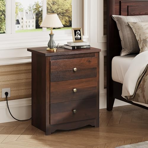 WLIVE Tall Nightstand with Charging Station, Wood Night Stand with 3 Drawers Storage, Bedside Table End Side Tables with 2 USB Ports and Outlets for Bedroom, Closet, Espresso - color: Espresso