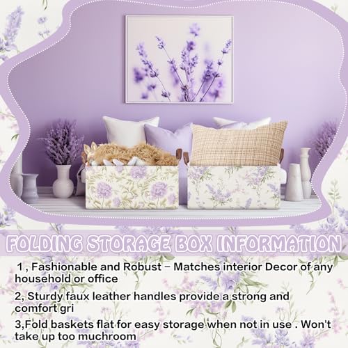 Boao 3 Pcs Purple Floral Storage Bin Wildflowers Collapsible Large Storage Baskets for Gifts Canvas Laundry Basket Foldable Box with Handle for Office Home Bedroom Clothes - style: Purple Flowers