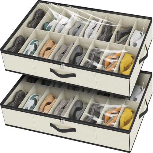 homyfort 32 Pairs Shoe Organizer Under Bed, Sturdy Underbed Shoe Storage Boxes Bins, Organizador De Zapatos, Extra Large Zapateras Organizer, Beige, Set of 2 - color: 2 Shoes (16+16 Cells) Oxford Beige, style: 32 Pairs Shoes