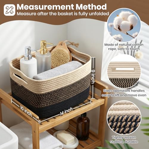 Storage Baskets for Organizing, 14 x 10 x 9” Closet Shelf Woven Baskets, Square Bins with Handles, Cotton Rope Basket for Toys, Clothes, Office, Room, Black+Brown 4 Pack - color: Black+Brown, size: 4pcs