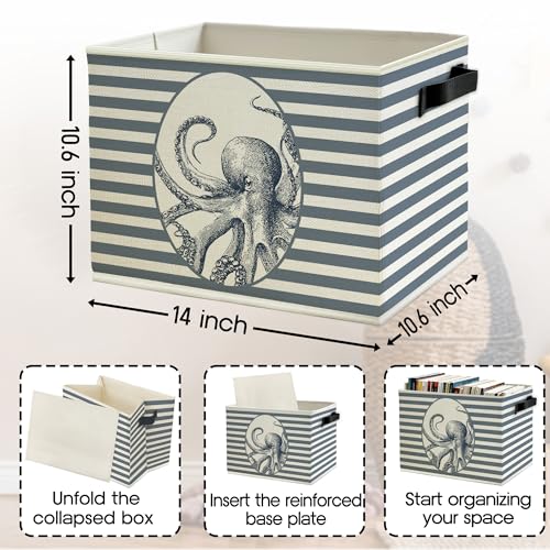 Coastal Beach Octopus Storage Bins Box with Handles, Blue Striped Beachy Ocean Octopus Marine Biology Collapsible Basket Organizer for Bedroom Bathroom Toys Books Clothes - color: Color08