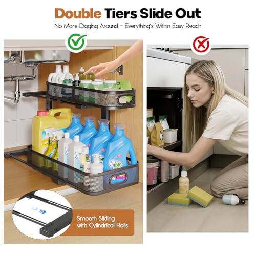 2 Pack 19.3IN-Depth Under Sink Organizer with Smooth Cylindrical Rail,2-Tier Pull Out Multi-Purpose Cabinet Storage for Bathroom&Kitchen,Height Adjustable,Rust-Resistant Coating-Black - color: Black, size: 2 Pack-19.3"Dx11"-16.14"H