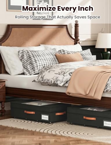 2-Pack Under Bed Storage with Wheels and 6 Vacuum Seal Bags, Adjustable Height 7.9"-10.2",Heavy Duty Capacity,Clear Lid Organizer for Dorm Bedroom Clothes Shoes Books,Quick Assembly Space Saver，Black - color: Black, size: 10.2 inches