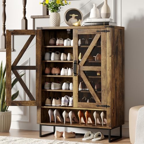 Maupvit 42.1" Farmhouse Shoe Cabinet with Ventilated Mesh Doors, 6-Tier Shoe Storage Cabinet with Adjustable Shelves & Metal Legs, Rustic Wooden Shoe Rack Organizer for Entryway, Hallway, Foyer, Brown - color: Brown