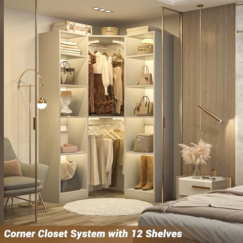 Besiost Corner Closet System with 12 Shelves, 39.2" Corner Closet Organizer System with 2 Hanging Rods, Versatile 6-Tier Walk-in Closets for Corner Space, Grey (39.2" L x 39.2" W x 80" H) - color: Grey, size: 39.2" - Without Lights
