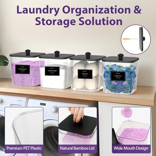 COAZEX 4 Pack Clear Laundry Pods Container, Plastic Square Laundry Room Organization and Storage Jars with Black Lids, Scoops & Labels for Detergent, Powder, Dryer Balls - color: 4 Pack