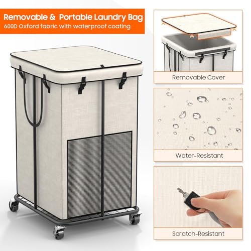 160L Laundry Hamper with Lid, Rolling Laundry Basket with Wheels, Large & Tall Dirty Clothes Hamper with Metal Frame and Removable Bag for Bedroom Aesthetic, Laundry Room, Bathroom, Dorm-White - color: White, size: 42GAL