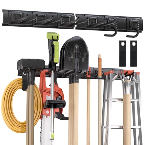 Garden Tool Organizer Wall Mount, 32 inches Tool Storage Rack with Adjustable Hooks, 600lbs Adjustable Heavy Duty Metal Hooks, Yard Shed Rack Holder System Hanging Rake Broom Mop Snowboard, Men Gift - size: 32"