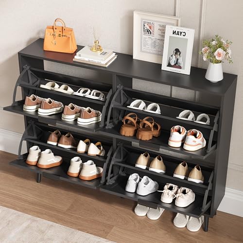 BORNOON Shoe Cabinet for Entryway with 4 Flip Drawers, Slim Wooden Shoe Storage Organizer with Modern Fluted Pannel，Freestanding Narrow Hidden Shoe Rack for Hallway, Foyer, Living Room - color: Black, size: 4 Flip Drawers