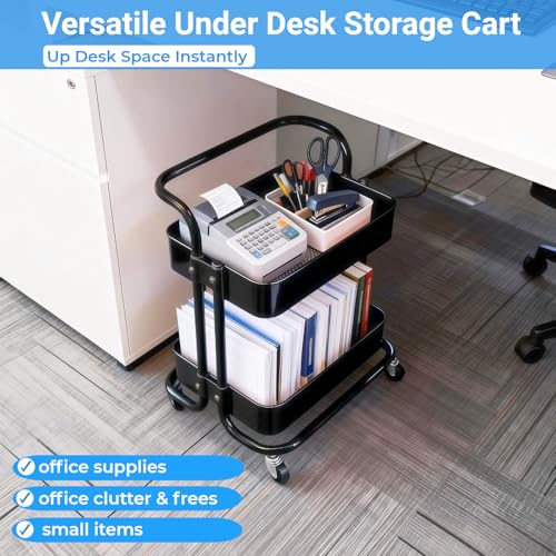 2 Tier Rolling Utility Cart with Wheels All-Metal Short Pantry Cart Under Desk Storage Trolley with Handle, Small Rolling Storage Shelf for Small Space Kitchen Laundry Room Bathroom, Black - color: C-black