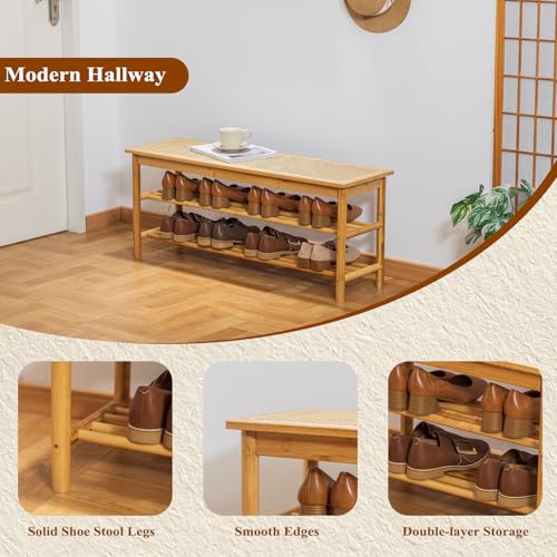 Bamboo Entryway Bench with Woven Rattan Seat, 2-Tier Shoe Storage Bench for Hallway & Entryway 39.4 inches Nature - color: Nature, size: 39.4 inch