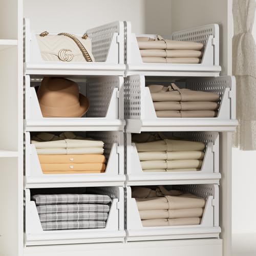 Proarea 5 Pack Stackable Storage Bins, Closet Organizers and Storage, Foldable Closet Organizer Baskets for Clothes, Plastic Drawer Bins for Closet Organization, Wardrobe Shelf, Laundry Room, White - color: Snow Porcewlain, size: 5 Pack 5L