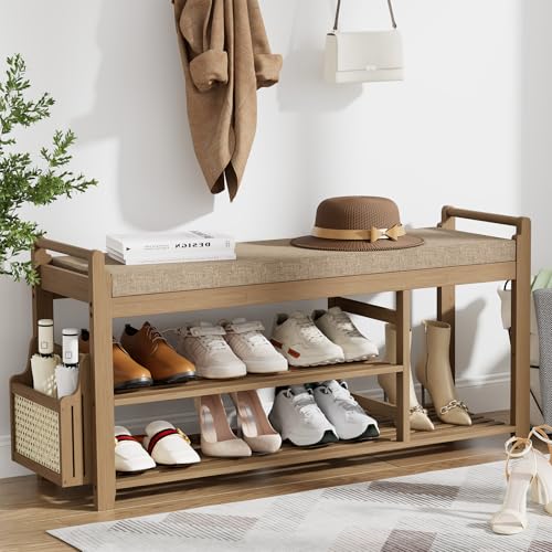 Homaxy 2-Tier Shoe Rack Bench with Side Holder, 39.4 in Bamboo Entryway Bench, Shoe Rack Organizer with Cushion for Front Entrance, Hallway Living Room Bedroom, Walnut and Light Brown - color: Walnut and Light Brown, size: 39.4 in