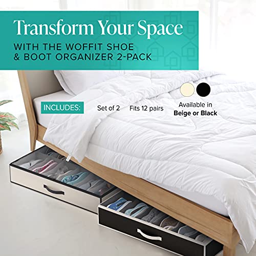 Woffit Under Bed Shoe Storage Organizer – Set of 2 Large Containers, Each Fit 12 Pairs of Shoes – Sturdy Box w/Strong Zipper & Handles – Underbed Organizers for Kids & Adults