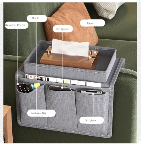 Sofa Armrest Organizer,TV Remote Holder Sofa Organizer with Top Tray for Couch Recliner Home Accessories Bedside Storage Pockets Bag (Grey)