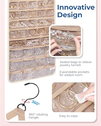 BAGSMART Hanging Jewelry Organizer, Necklace Holder Anti-tangle Earrings Rings Hanger with Pockets Hang on Closet, Wall, Door,1 Piece, Extra Large Beige - color: Beige, size: X-Large - Standard