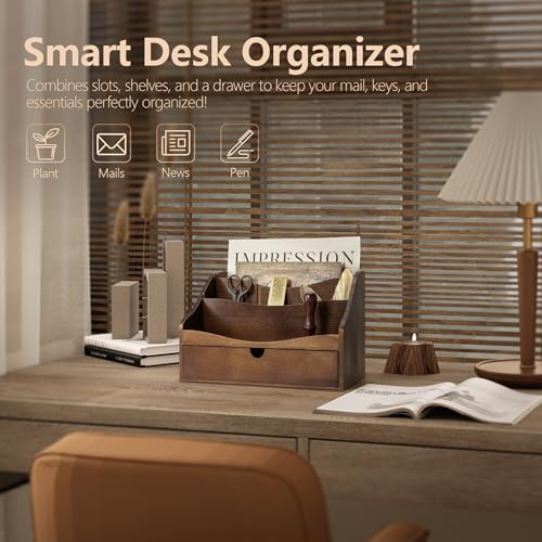 Rebee Vision Pine Wood Mail Organizer for Desk - Retro Farmhouse Mail Holder with Drawer & Dividers - 4-Slot letter paper & Jewelry Sorter, Countertop Mail Organizer for Office Decor(Brown) - color: B-Brown