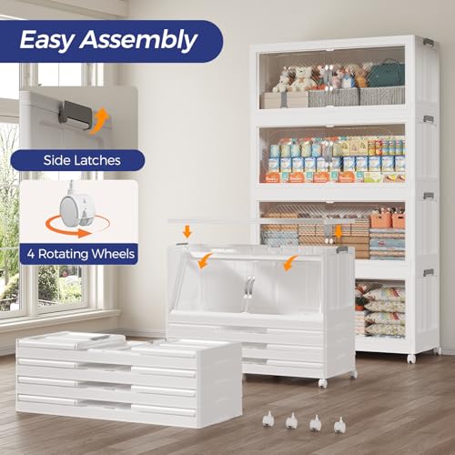 120Gal/480QT 4-Tiers Extra Large Stackable Storage Bins with Lid, Collapsible Cabinet Closet Organizer Plastic Container Box with Wheels Doors Drawers for Office Dorm Kitchen, White - color: White, size: 30Gal-4Pack