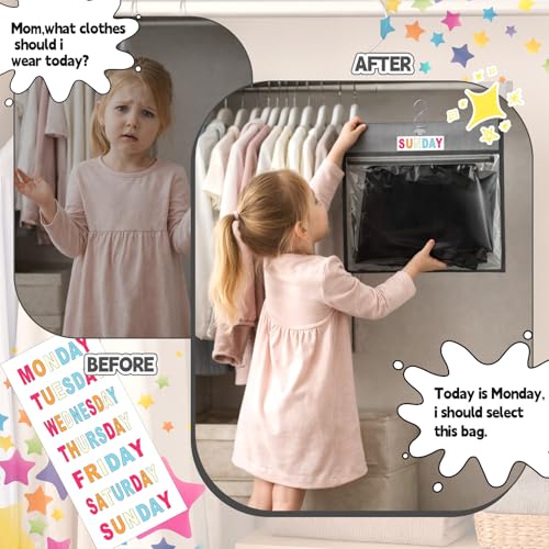 7 Pcs Days of Week Packing Cubes Weekly Travel Organizer Pouches for Kids Monday to Weekend Clothes Storage Bag with Color Labels for School Outfits Day of Week Hanging Closet Organizer